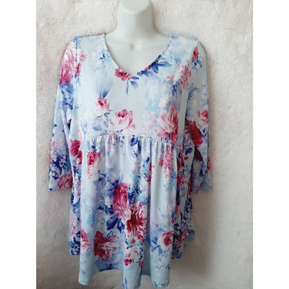 L. A. Apparel stretchy medium floral blue pink babydoll blouse